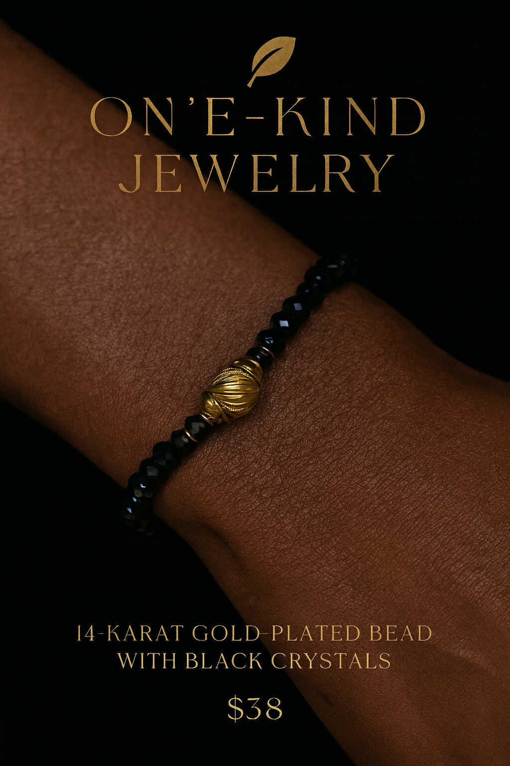 14K Gold Plated Bead with Black Crystals