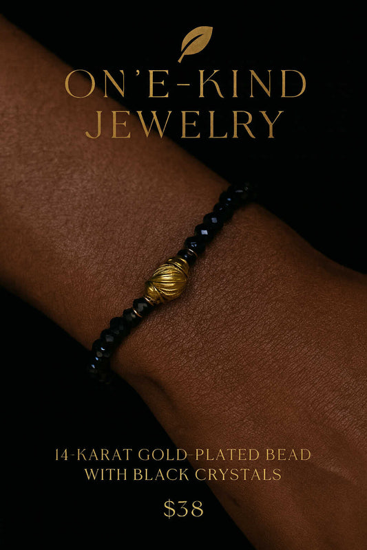 14K Gold Plated Bead with Black Crystals