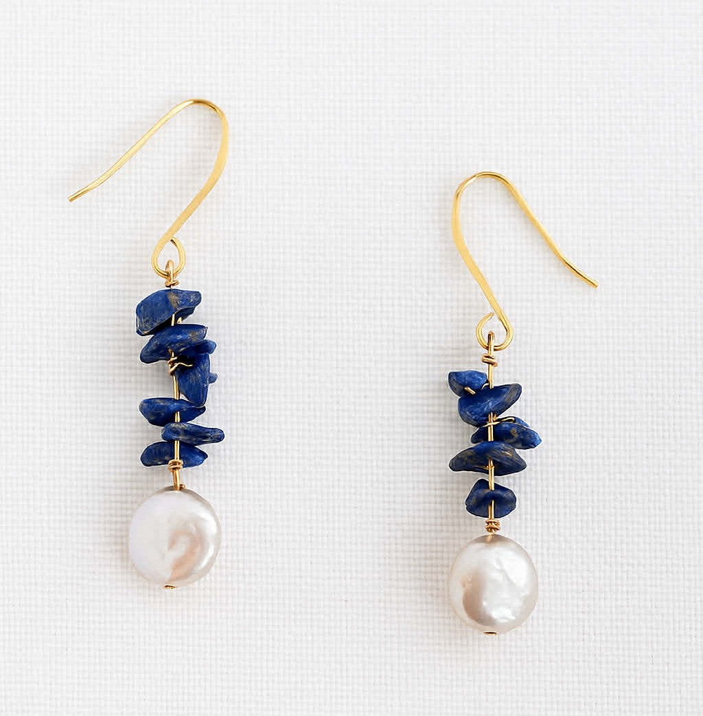 14K Gold Filled Wire Wrapped Lapis with Freshwater Coin Pearl Earrings