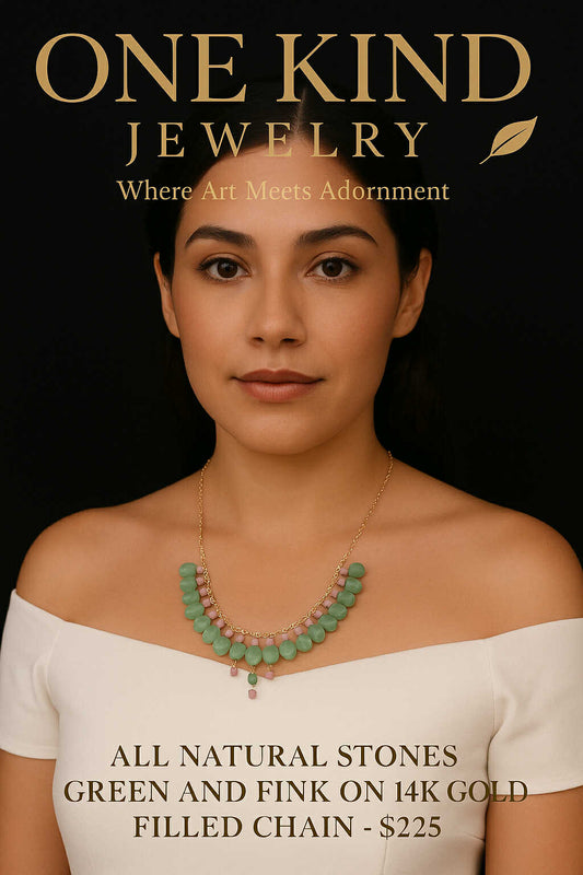 All Natural Stones Green and Pink on 14K Gold Filled Chain
