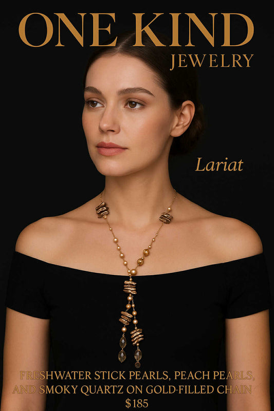 Freshwater Stick Pearls, Peach Pearls, and Smoky Quartz on Gold-Filled Chain