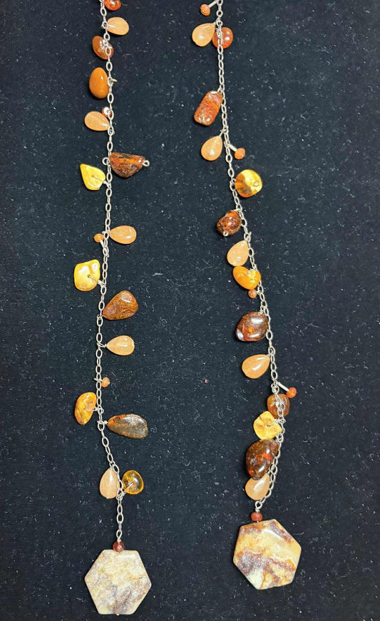 Long Lariat With Amber, Sterling Silver Wire Wrap, And Agate