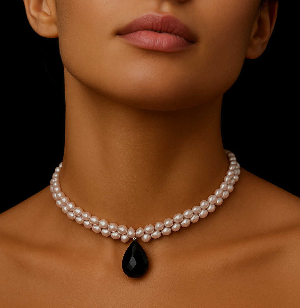 Sterling Silver Pink Freshwater Pearl and Black Onyx Drop Choker