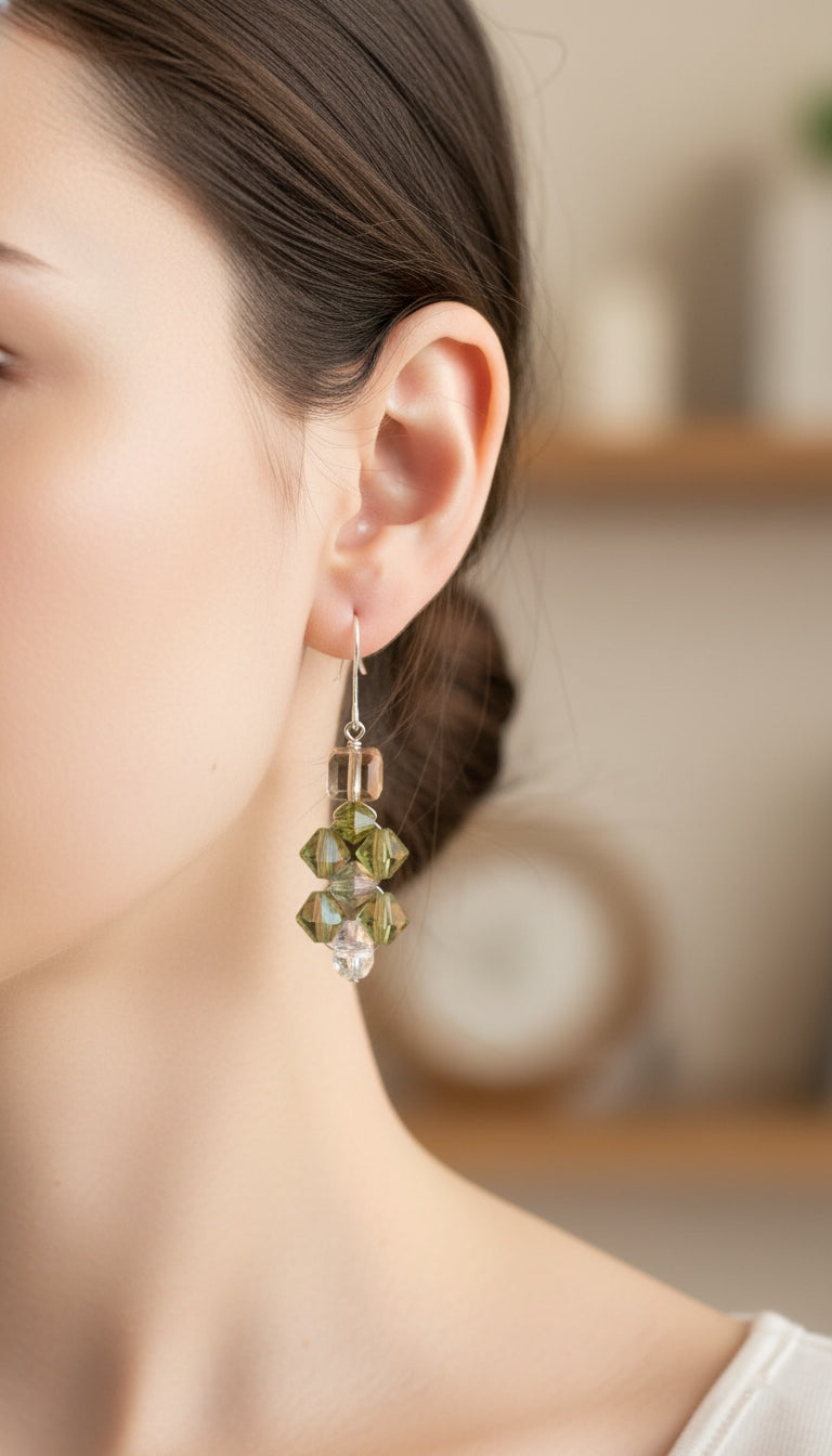 Sterling Silver Wire Wrap with Green Swarovski Crystals and Yellow Citrine