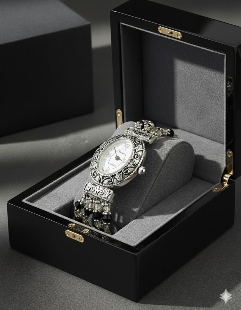 Sterling Silver with Black Swarovski Crystals Watch