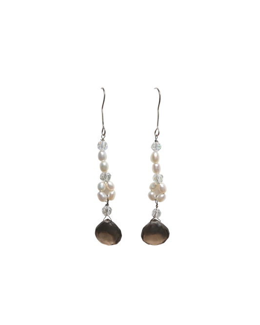 Sterling Silver Freshwater Pearl, Swarovski Crystal & Smoky Topaz Drop Earrings