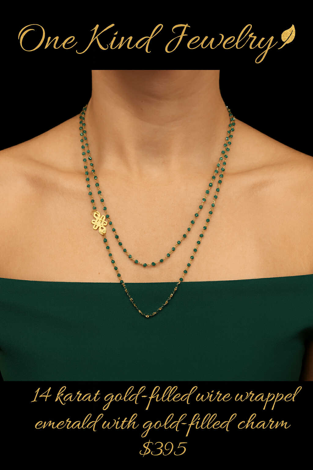14K Gold Filled Wire Wrapped Emerald with Gold Filled Charm