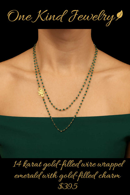 14K Gold Filled Wire Wrapped Emerald with Gold Filled Charm