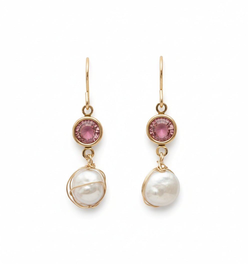 14K Gold Filled and Gold Plated Pink Crystal Earrings with Coin Fresh Water Pearls