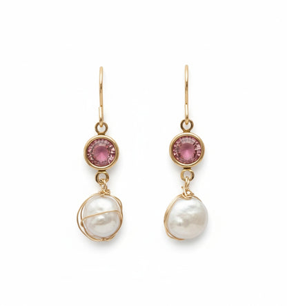 14K Gold Filled and Gold Plated Pink Crystal Earrings with Coin Fresh Water Pearls