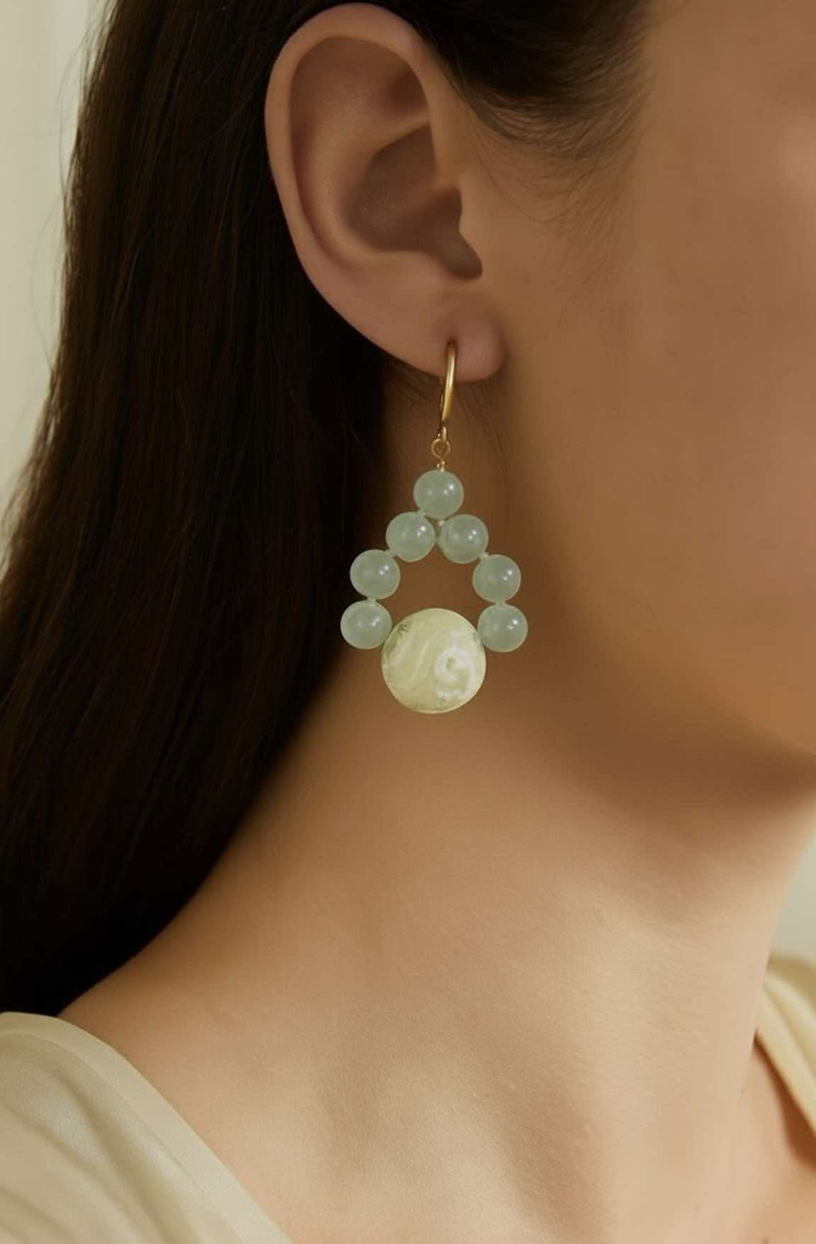 14k Gold Filled with Light Green Stones and Carved Glass Beads