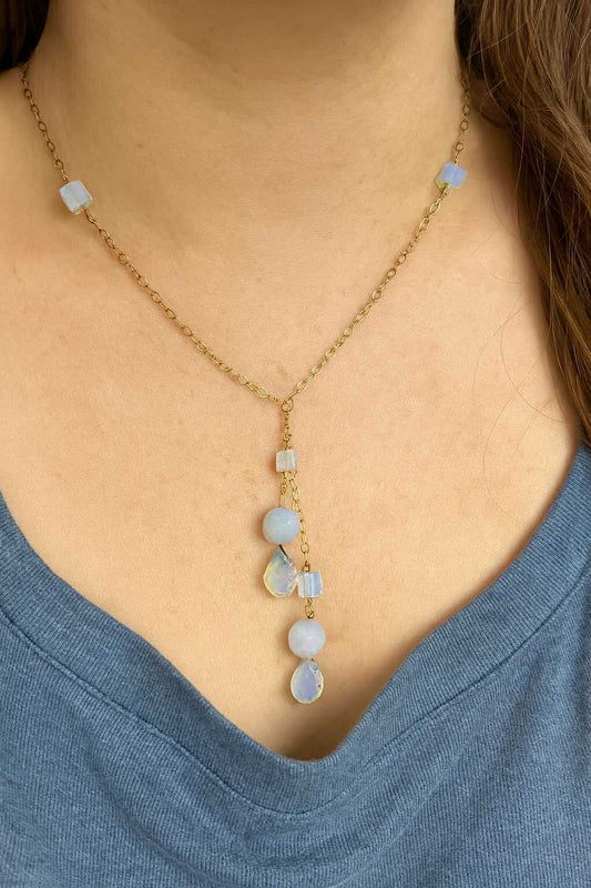 14K Gold Filled Lariat Necklace Wire Wrapped Chalcedony and Moonstones