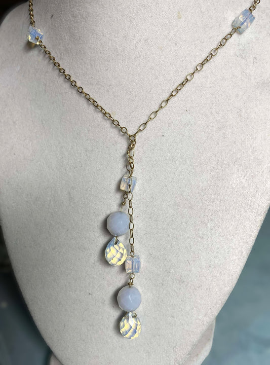 14K Gold Filled Lariat Necklace Wire Wrapped Chalcedony and Moonstones