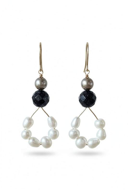 14K Gold Filled with Freshwater Pearls and Blue Goldstone with Metal Bead