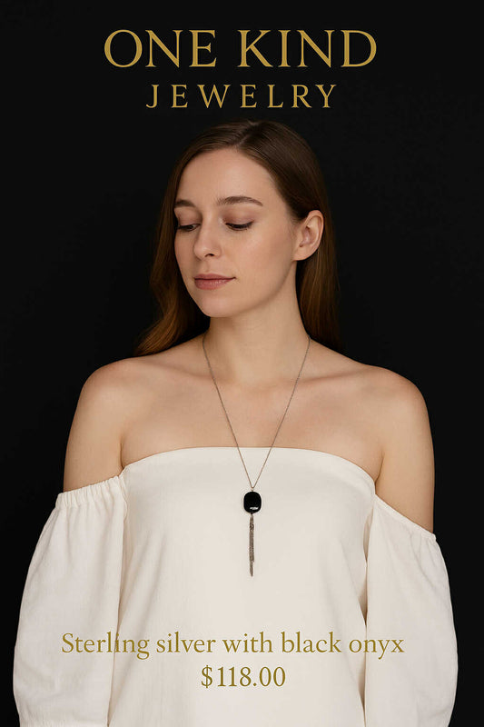 Sterling Silver Black Onyx Pendant Necklace 17.5”