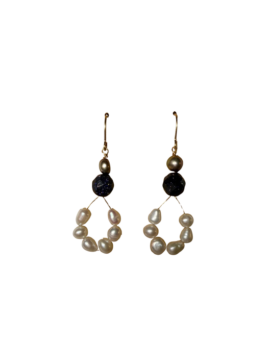 14K Gold Filled Freshwater Pearl & Blue Goldstone Drop Earrings