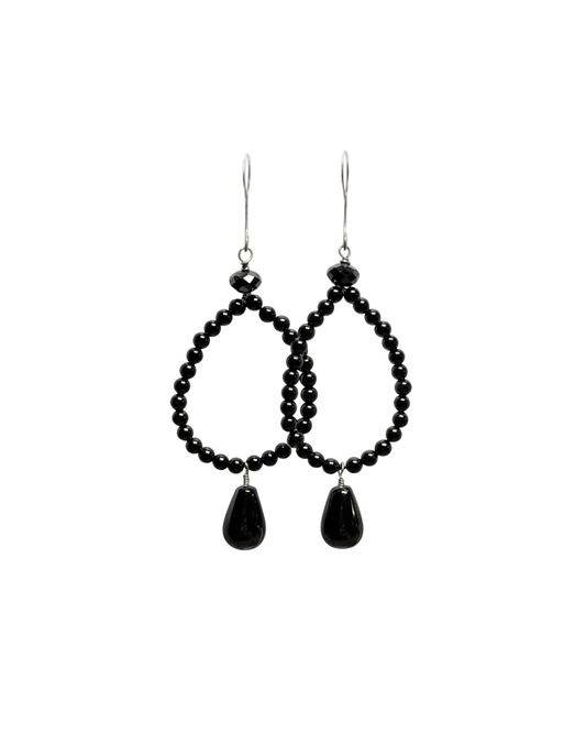 Sterling Silver Black Onyx Hoop Drop Earrings