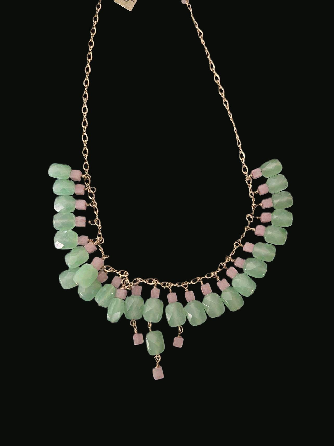 All Natural Stones Green and Pink on 14K Gold Filled Chain