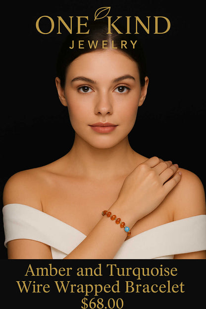 Amber and Turquoise Wire Wrapped Bracelet
