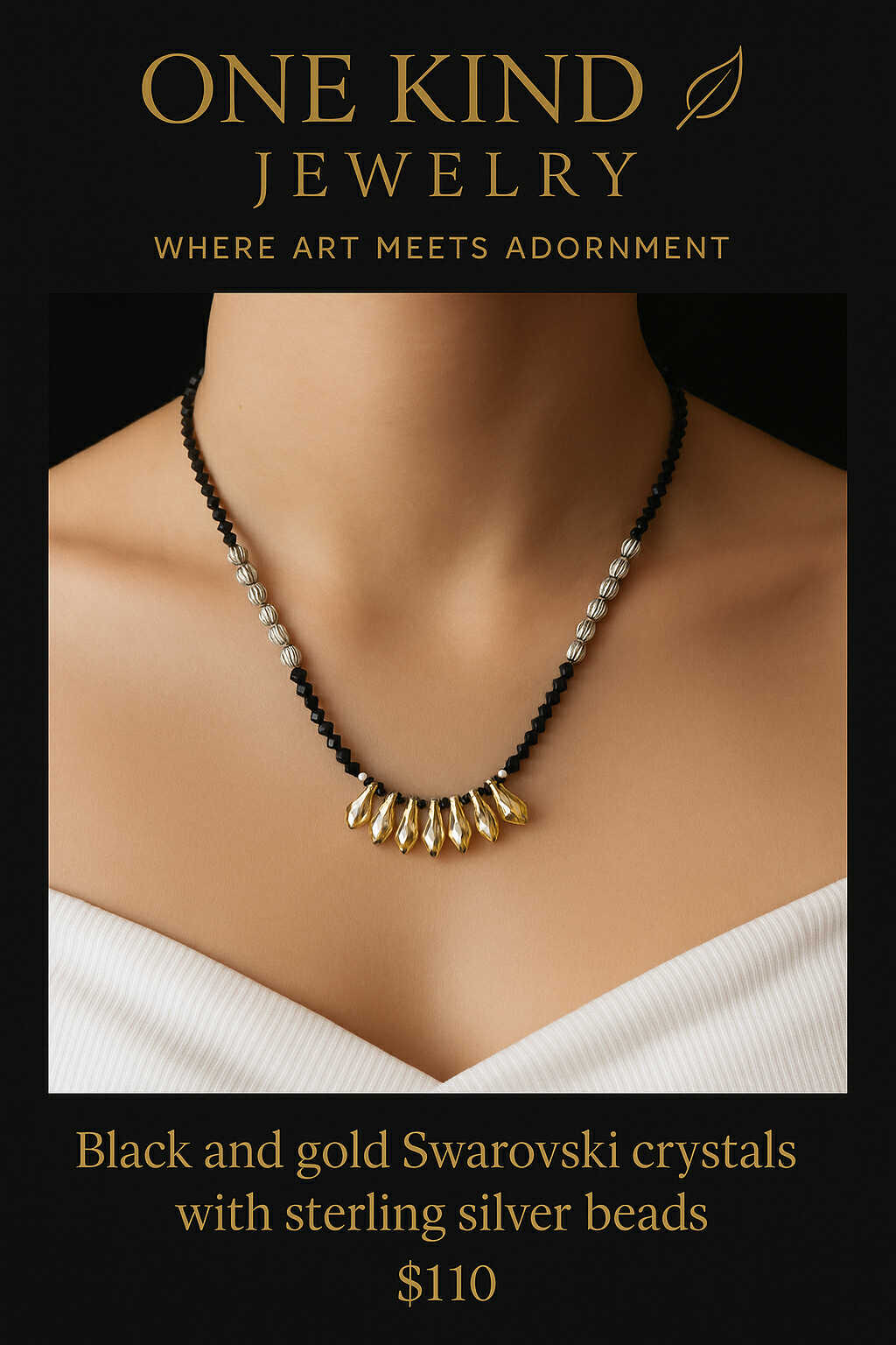 Black and Gold Swarovski Crystals with Sterling Silver Beads