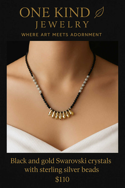 Black and Gold Swarovski Crystals with Sterling Silver Beads