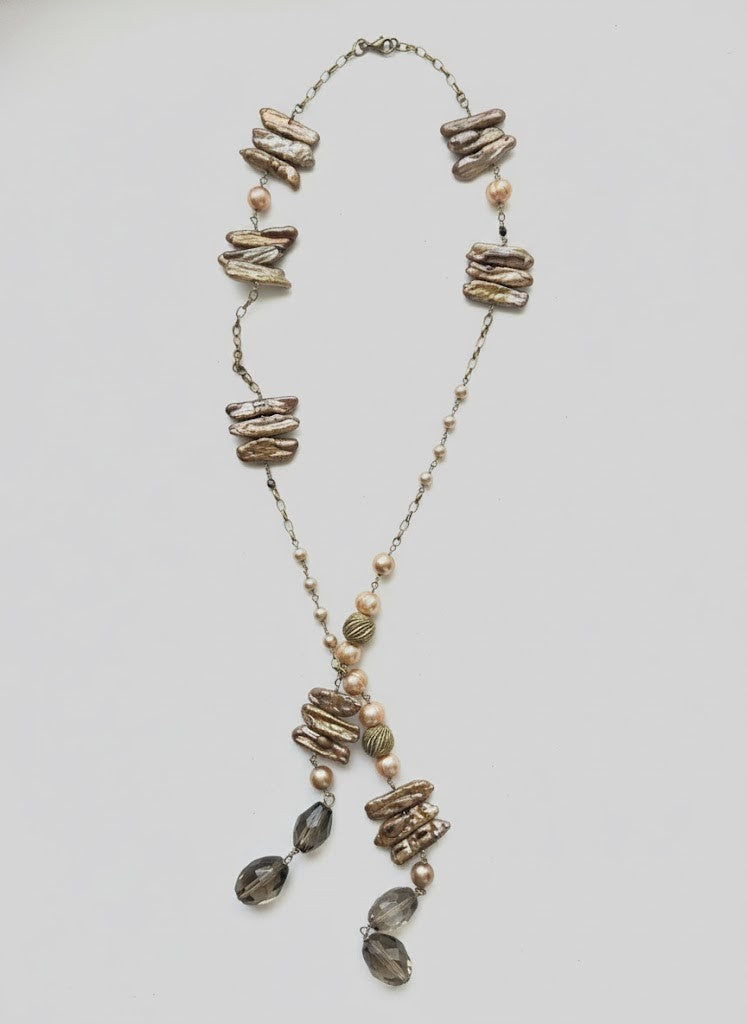 Freshwater Stick Pearls, Peach Pearls, and Smoky Quartz on Gold-Filled Chain
