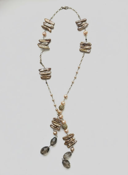 Freshwater Stick Pearls, Peach Pearls, and Smoky Quartz on Gold-Filled Chain