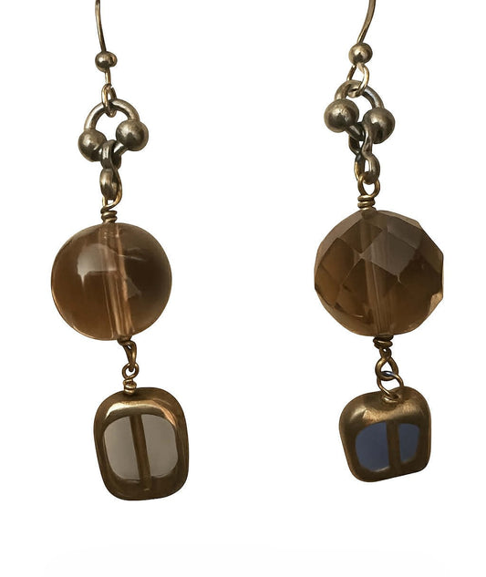 Gunmetal, Smoky Topaz, and Blue Glass Earrings