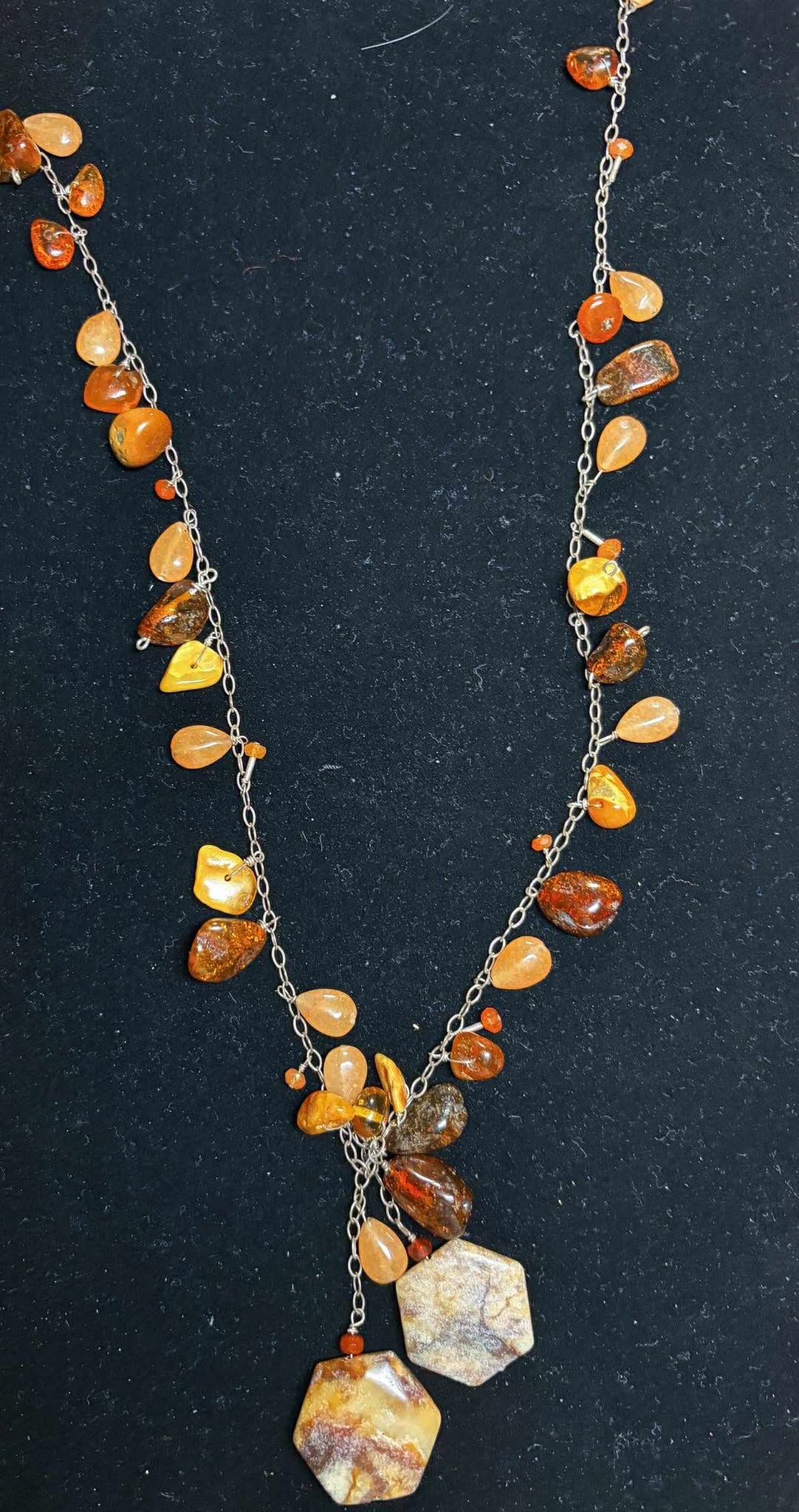 Long Lariat With Amber, Sterling Silver Wire Wrap, And Agate
