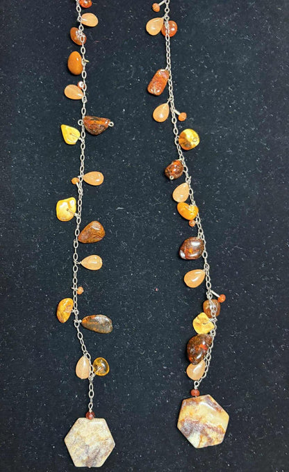 Long Lariat With Amber, Sterling Silver Wire Wrap, And Agate