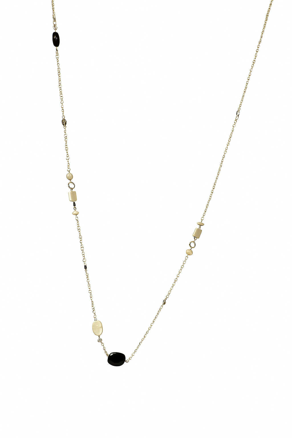 Long Sterling Silver Chain Wire Wrapped Mother of Pearl and Black Onyx