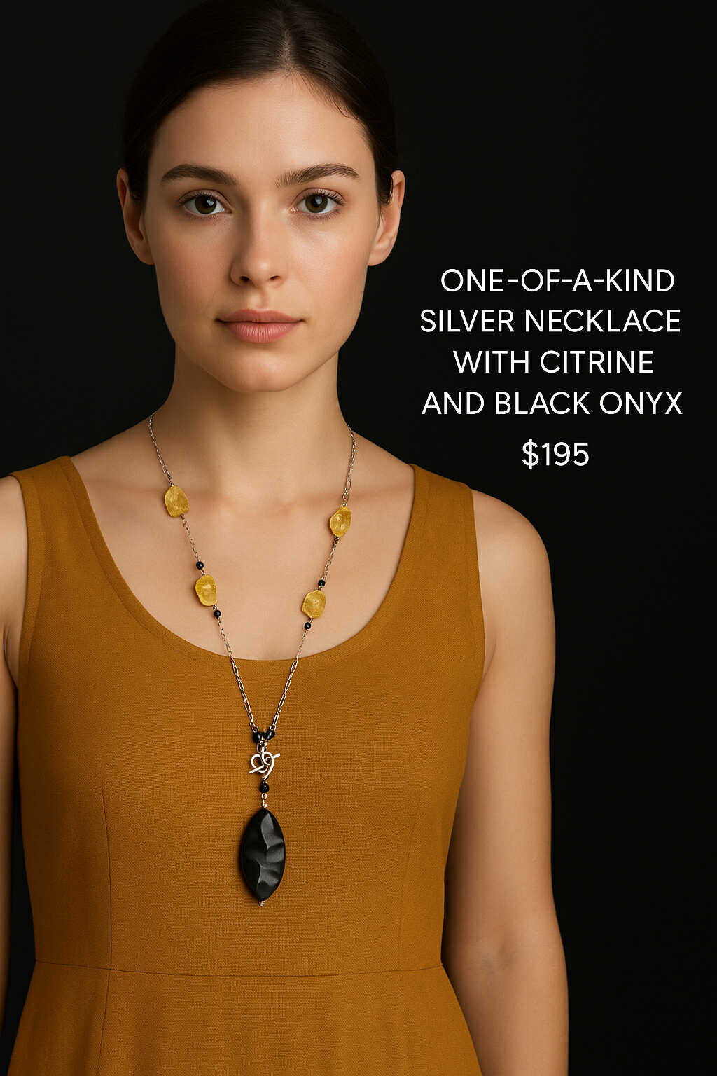 Silver Necklace with Citrine and Black Onyx