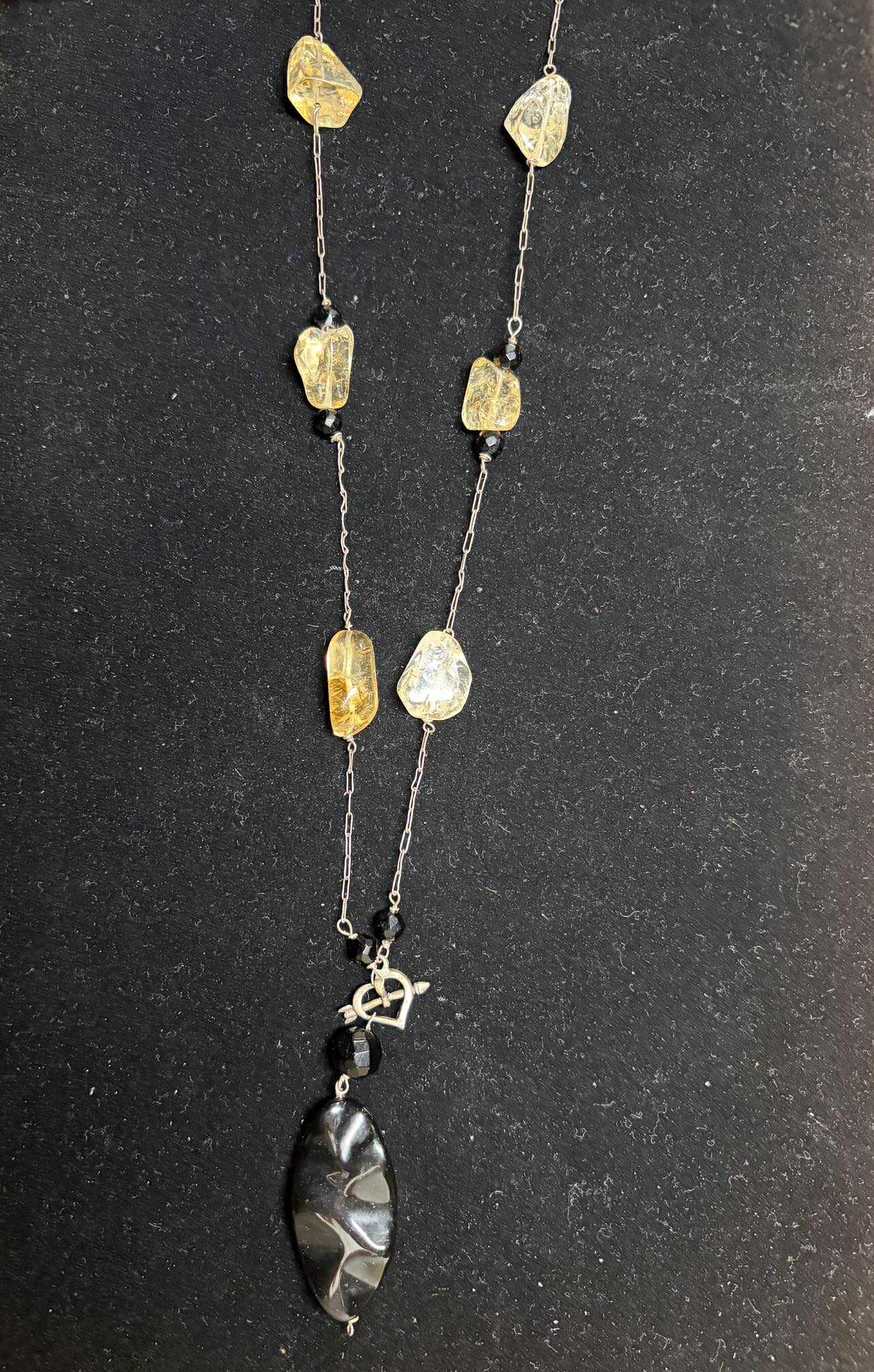 Silver Necklace with Citrine and Black Onyx