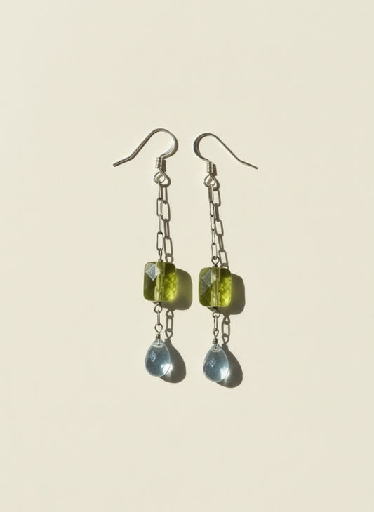 Sterling Silver Earrings with Green Glass and Blue Topaz