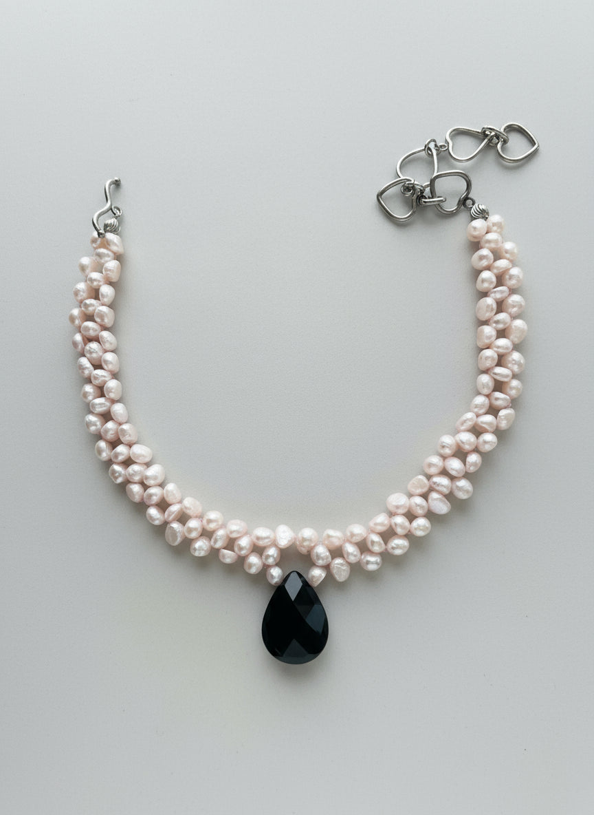 Sterling Silver Pink Freshwater Pearl and Black Onyx Drop Choker