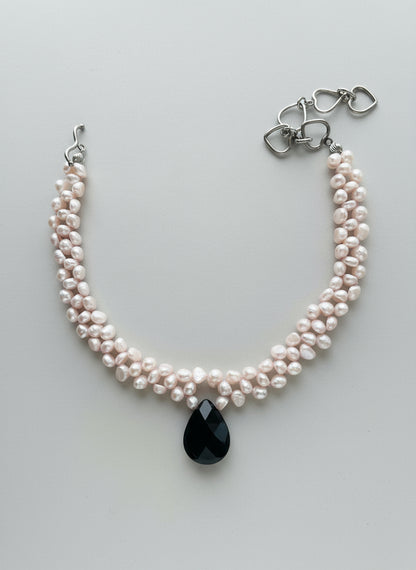 Sterling Silver Pink Freshwater Pearl and Black Onyx Drop Choker
