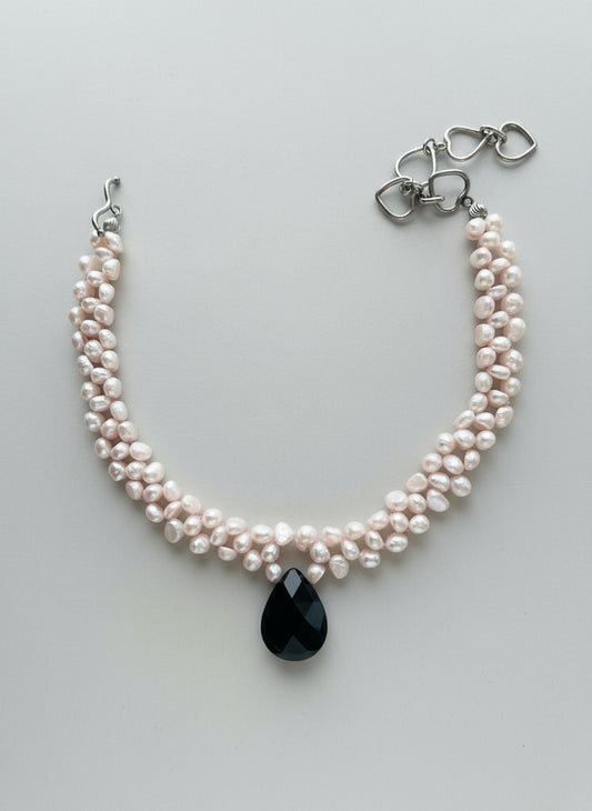 Sterling Silver Pink Freshwater Pearl and Black Onyx Drop Choker