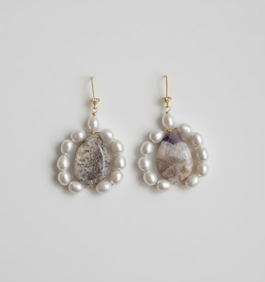 Sterling Silver Earrings with Agate and Freshwater Pearls