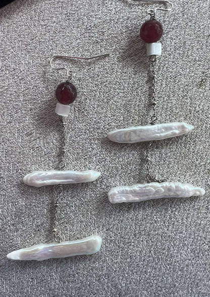 Sterling Silver Chain and Ear Wire Freshwater Pearls with Cat’s Eye Stones and Carnelian