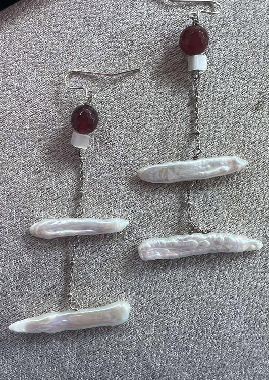 Sterling Silver Chain and Ear Wire Freshwater Pearls with Cat’s Eye Stones and Carnelian