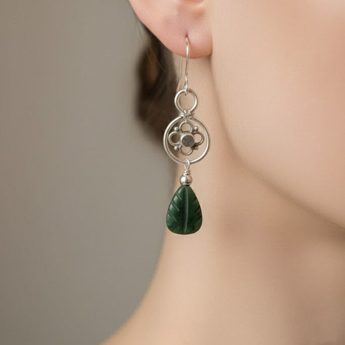 Sterling Silver Wire and Green Agate Leaf Stone