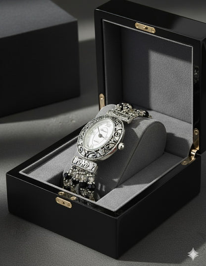 Sterling Silver with Black Swarovski Crystals Watch