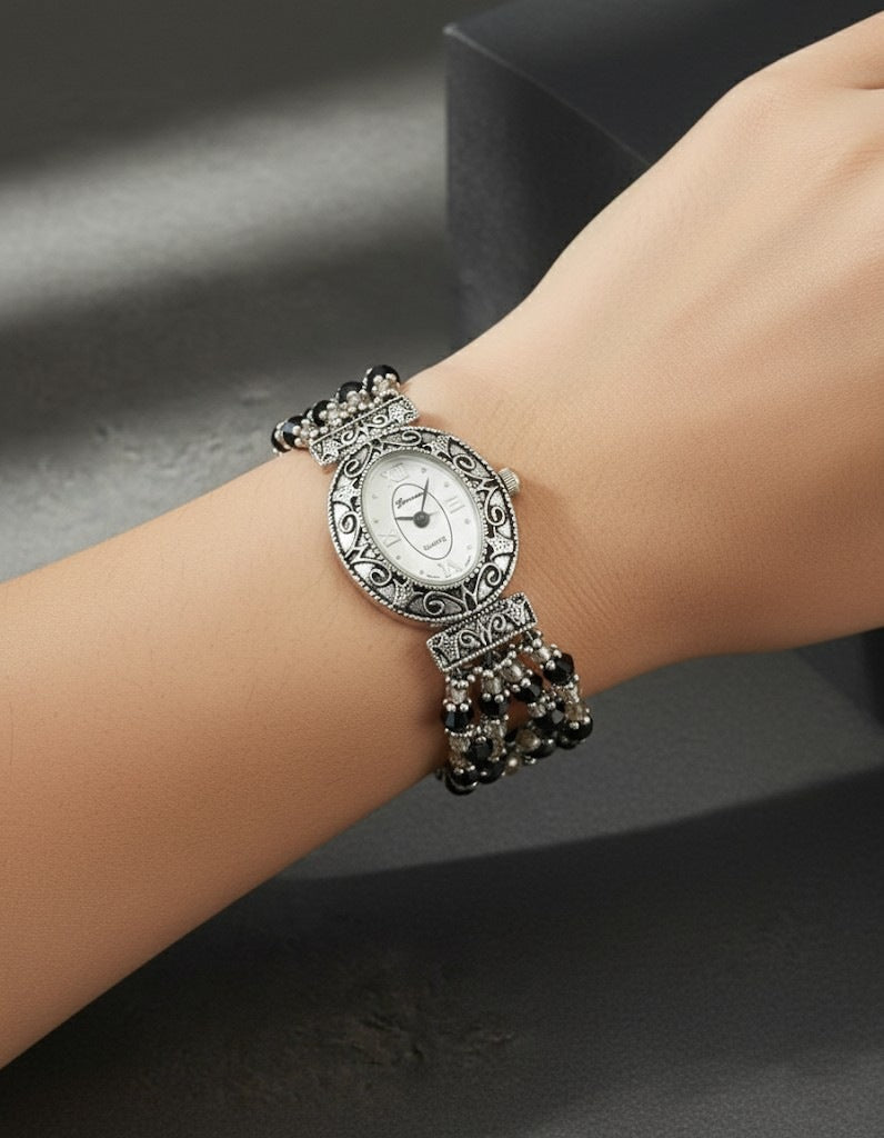 Sterling Silver with Black Swarovski Crystals Watch
