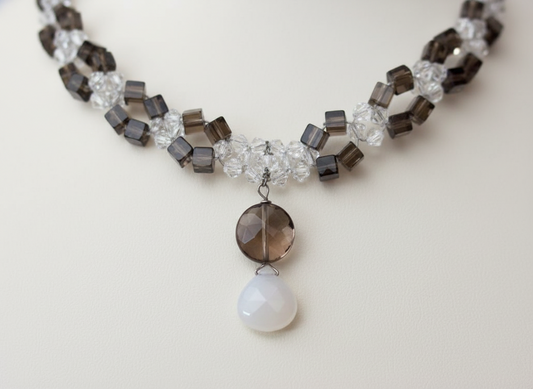 Swarovski Crystal, Smoky Topaz, and Chalcedony Choker